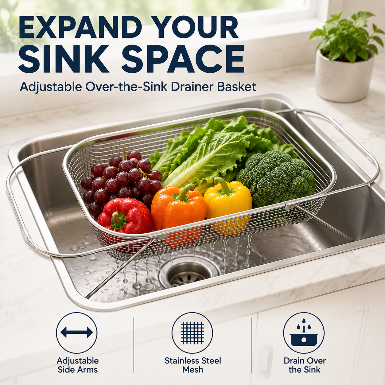 🍽️Summer Limited-Time 50% OFF 🧺 Stainless Steel Adjustable Over-the-Sink Drainer Basket