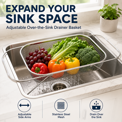 🍽️Summer Limited-Time 50% OFF 🧺 Stainless Steel Adjustable Over-the-Sink Drainer Basket
