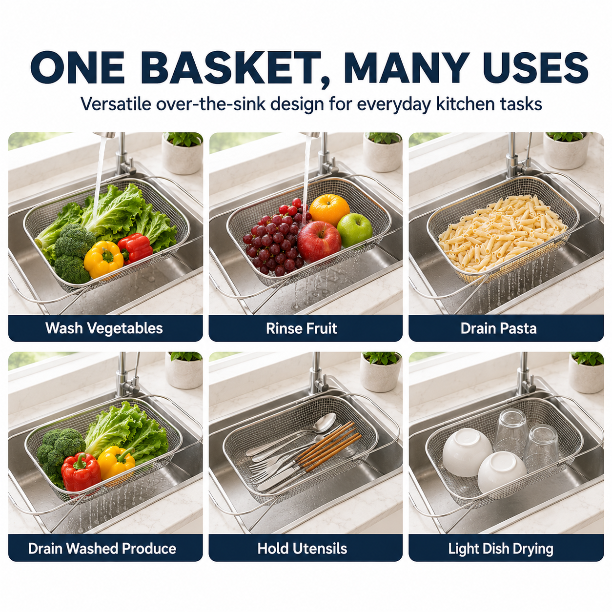 🍽️Summer Limited-Time 50% OFF 🧺 Stainless Steel Adjustable Over-the-Sink Drainer Basket