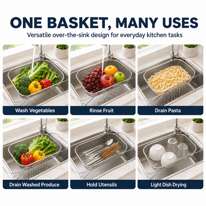 🍽️Summer Limited-Time 50% OFF 🧺 Stainless Steel Adjustable Over-the-Sink Drainer Basket