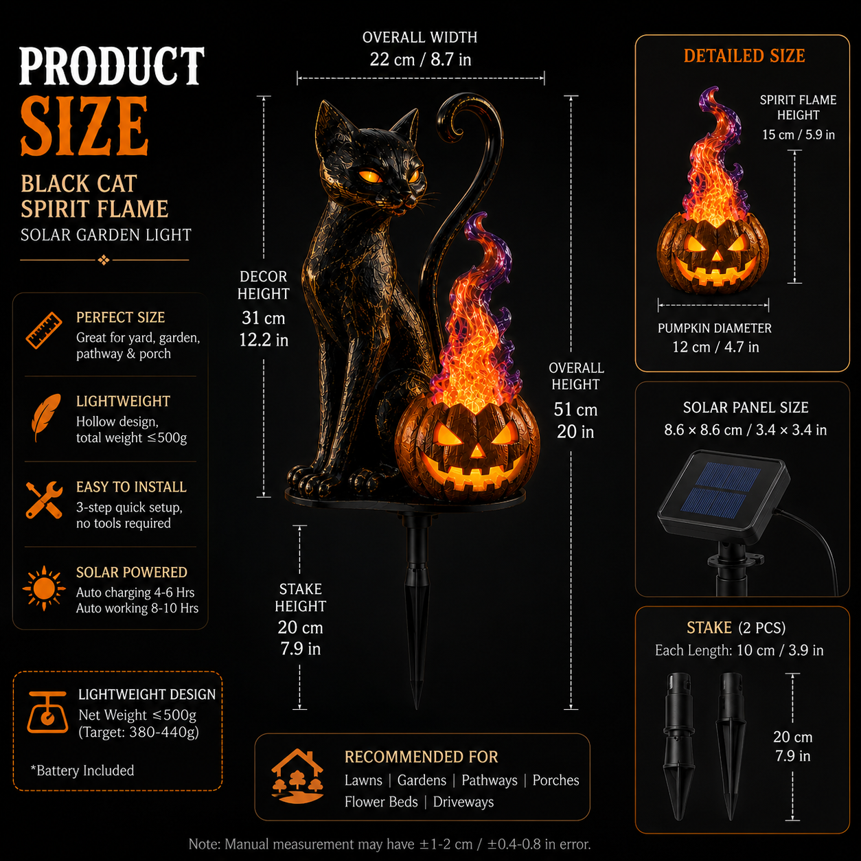 🎃 Black Cat Spirit Flame Solar Garden Light 🐈‍⬛– Magical Halloween Yard Decor