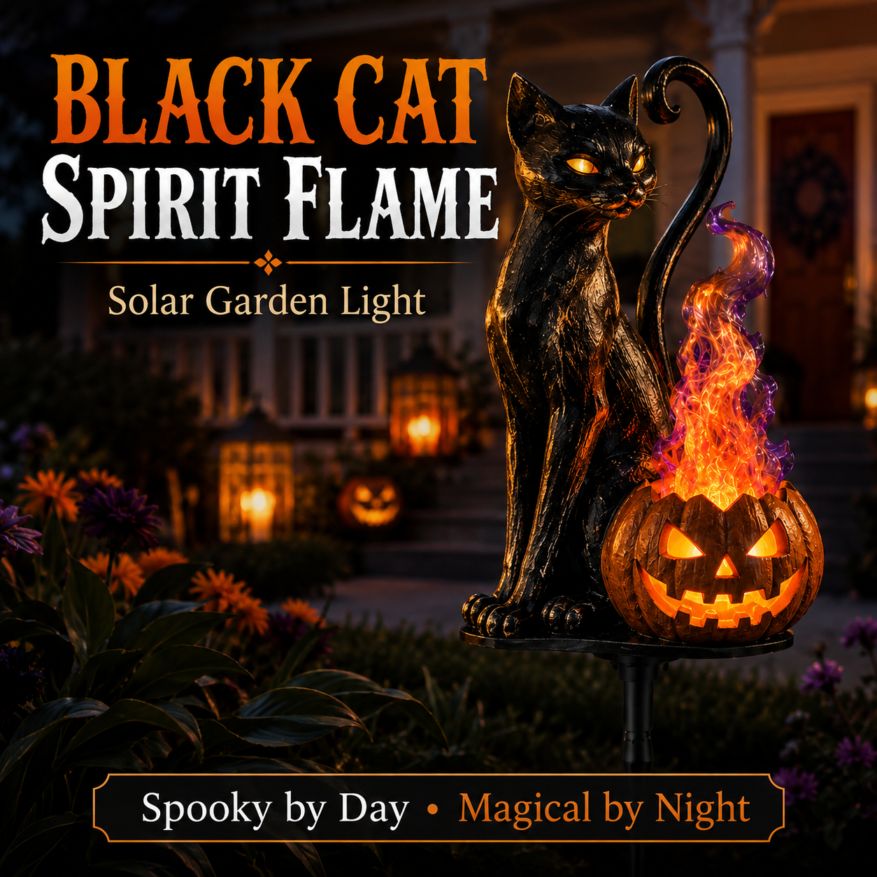🎃 Black Cat Spirit Flame Solar Garden Light 🐈‍⬛– Magical Halloween Yard Decor