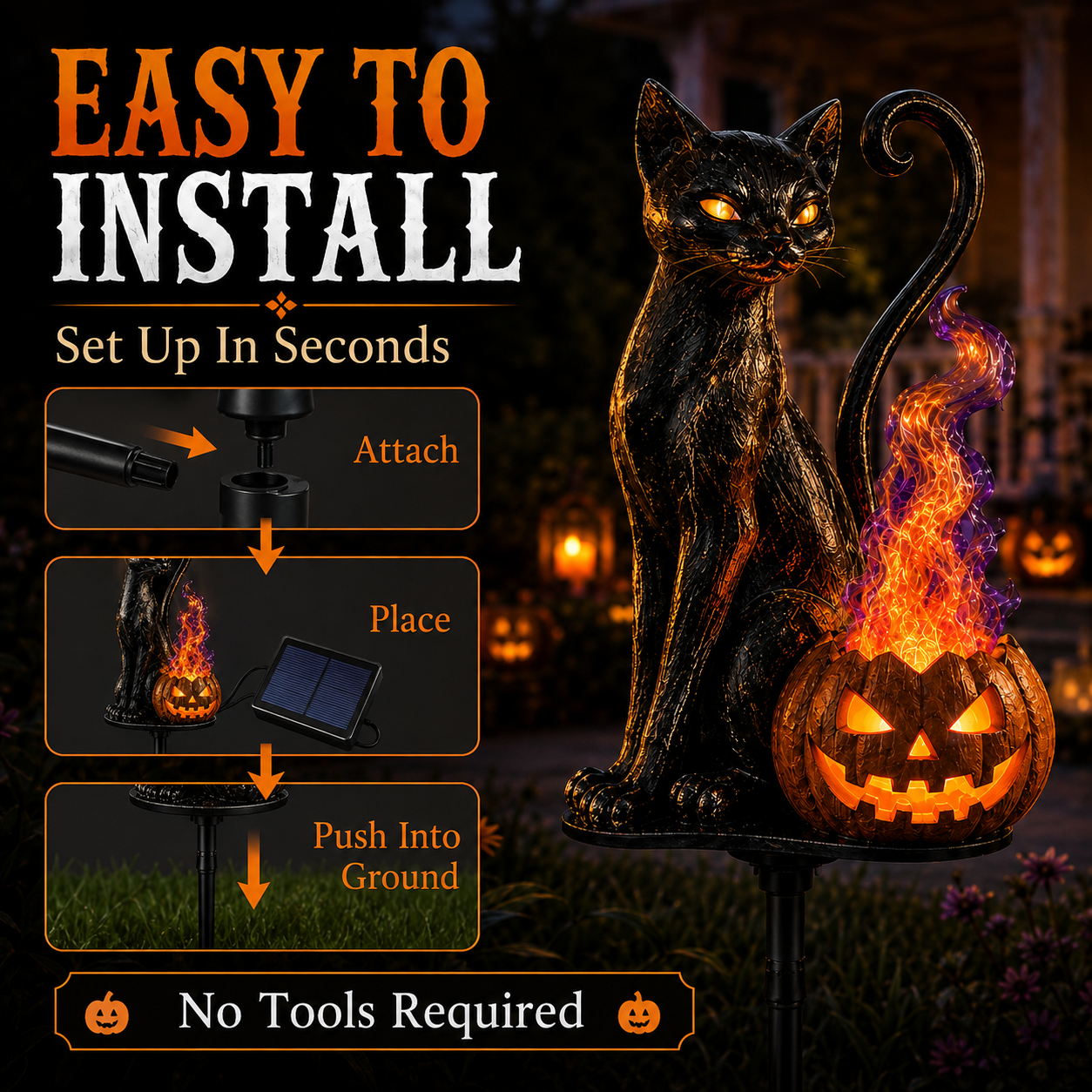 🎃 Black Cat Spirit Flame Solar Garden Light 🐈‍⬛– Magical Halloween Yard Decor