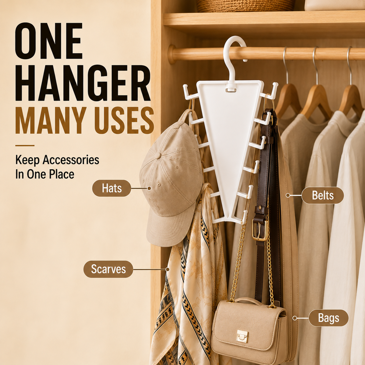 Multi-purpose closet organizer for hats belts scarves and bags