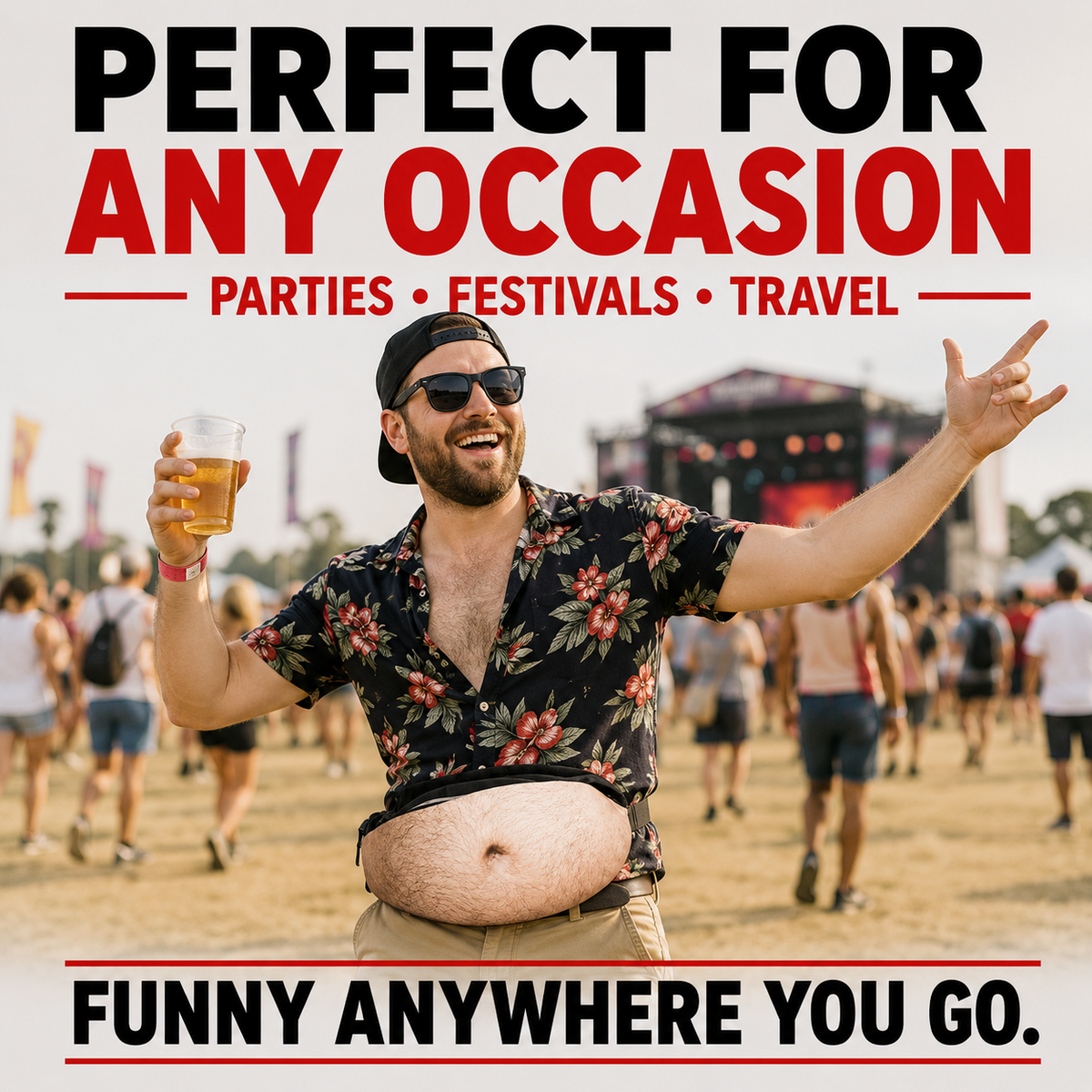 Funny dad bod fanny pack at outdoor festival