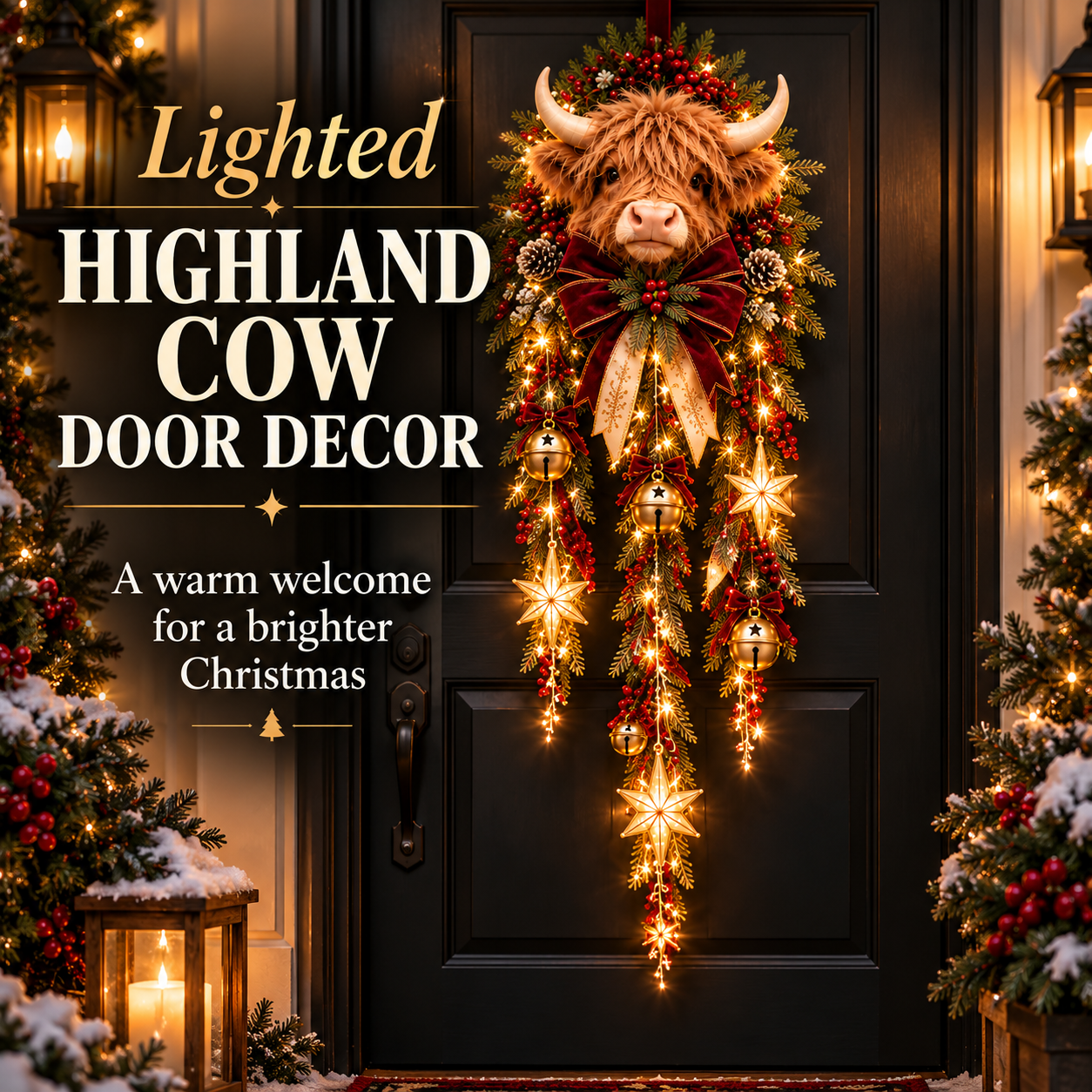Lighted Highland Cow Christmas Door Cascade