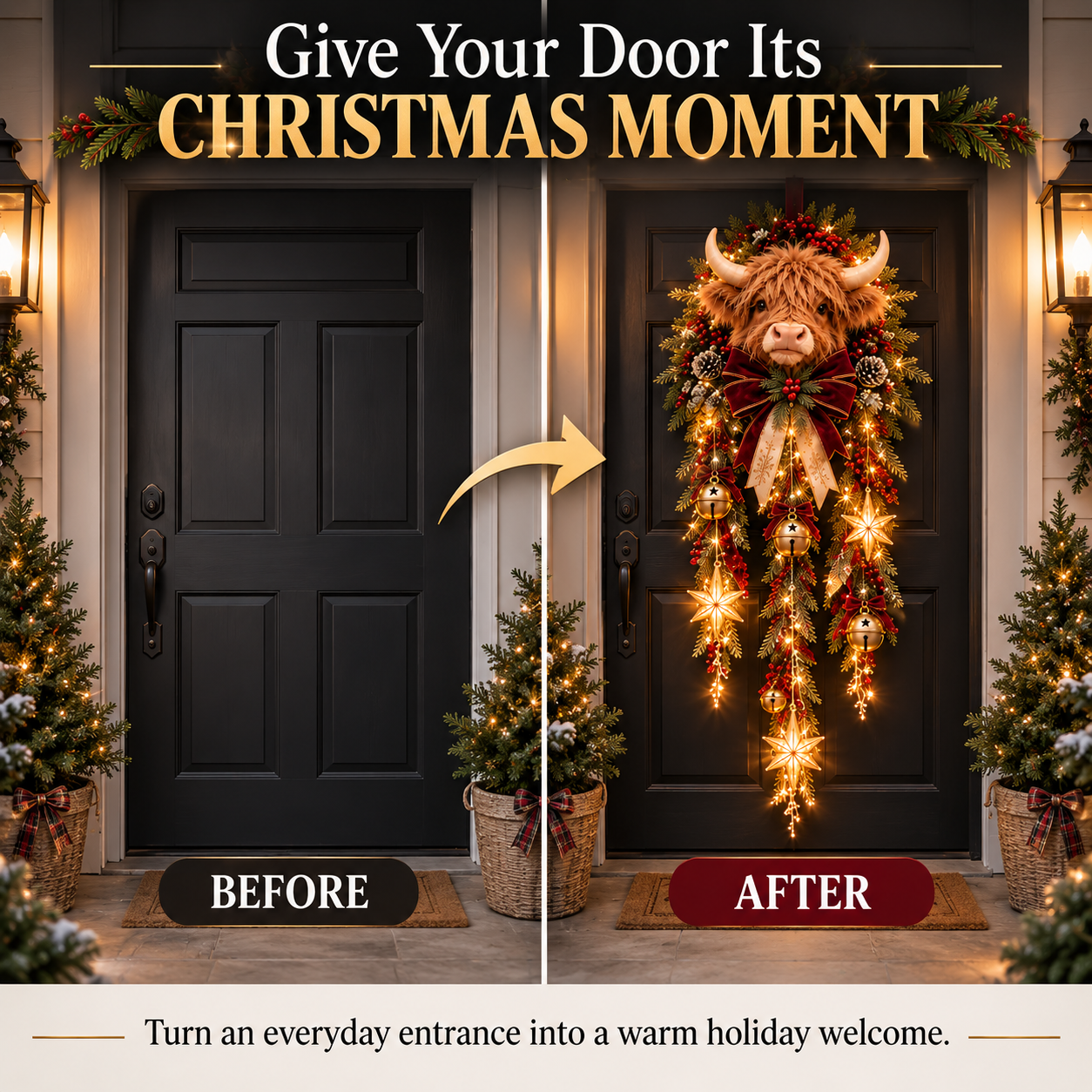 🐮Lighted Highland Cow Christmas Door Cascade🐮