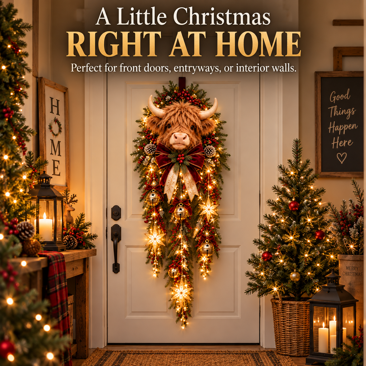🐮Lighted Highland Cow Christmas Door Cascade🐮