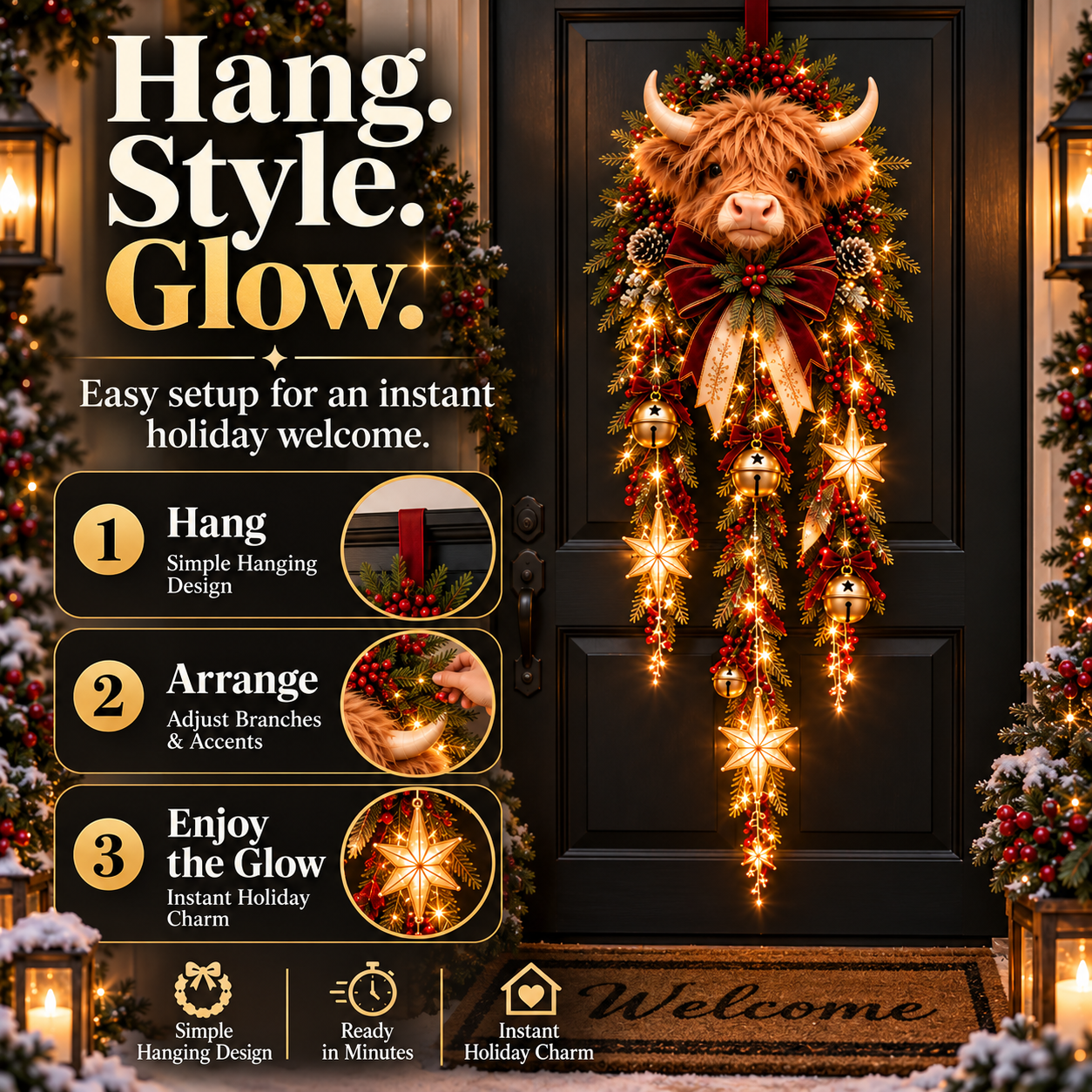 🐮Lighted Highland Cow Christmas Door Cascade🐮