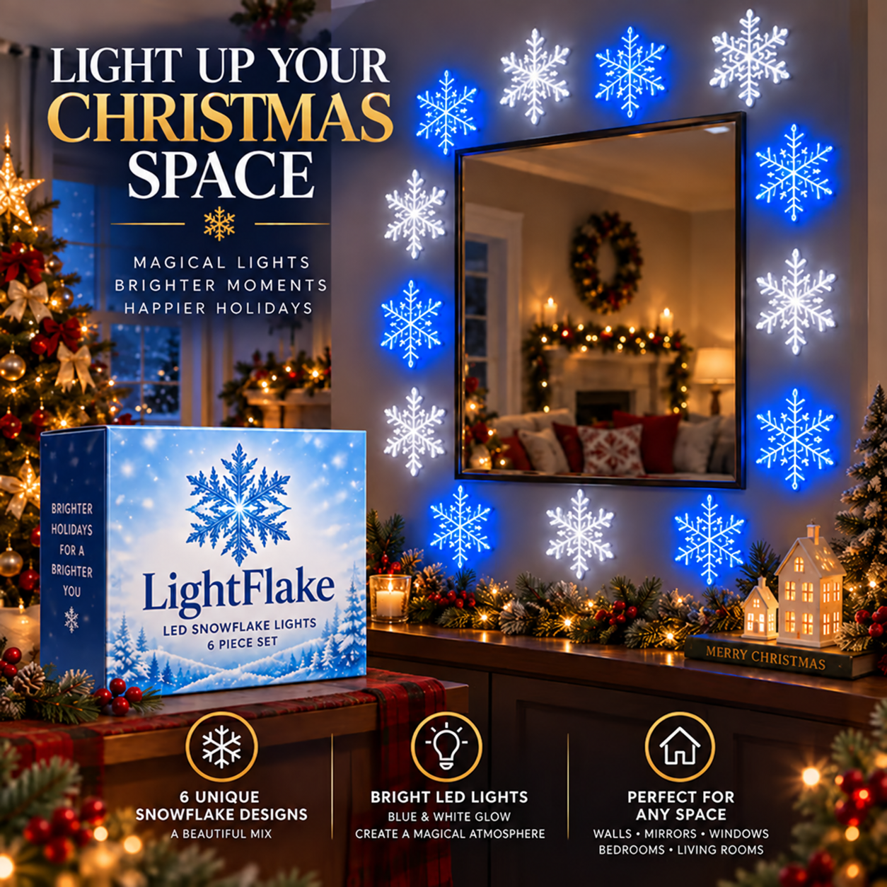 💙 WINTER WONDERLAND FAVORITE | Blue & White LED Snowflake Lights – Christmas Wall Decor for Living Rooms & Bedrooms