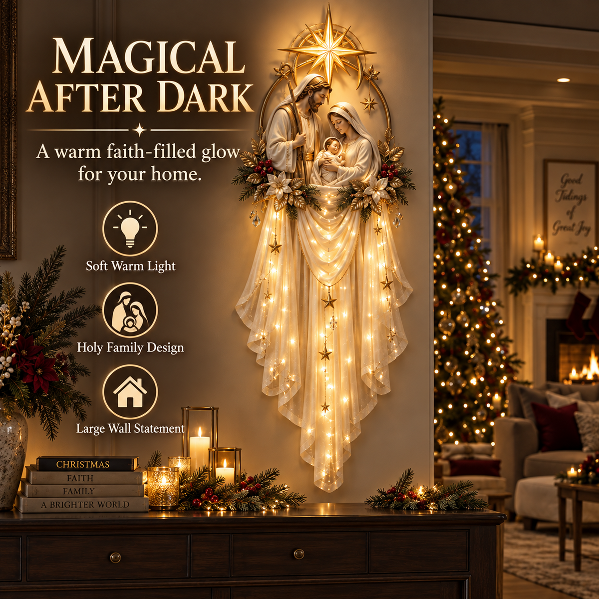 Holy Family Star Veil Cascade illuminated at night