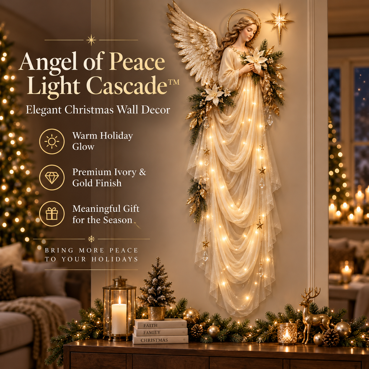 Angel of Peace Light Cascade illuminated Christmas wall decor at night