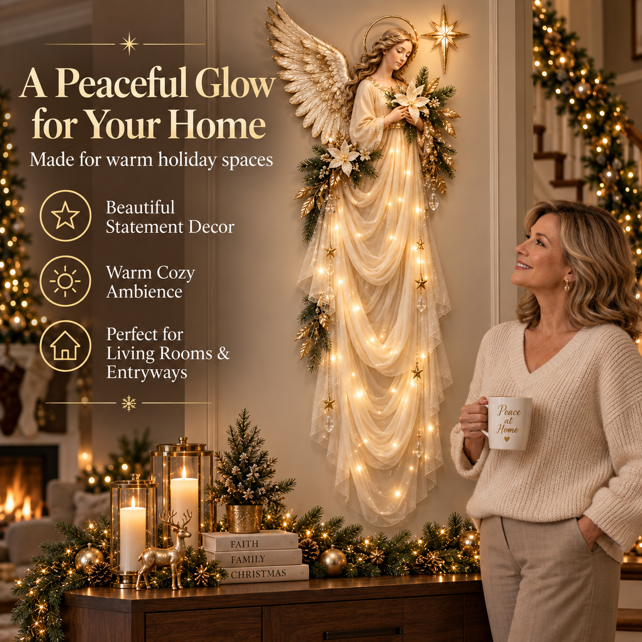 Angel Christmas wall decor shown with woman in warm holiday home
