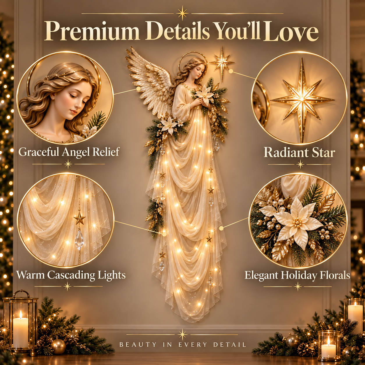 Angel of Peace Light Cascade premium Christmas wall decor details