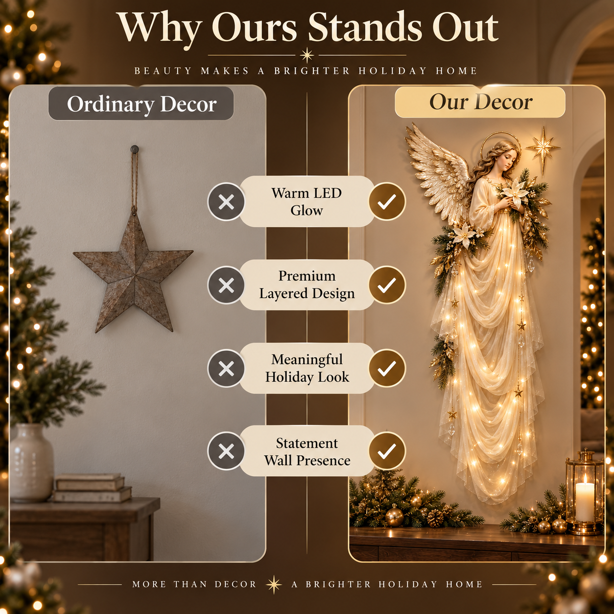 Angel of Peace Light Cascade compared with ordinary Christmas wall decor