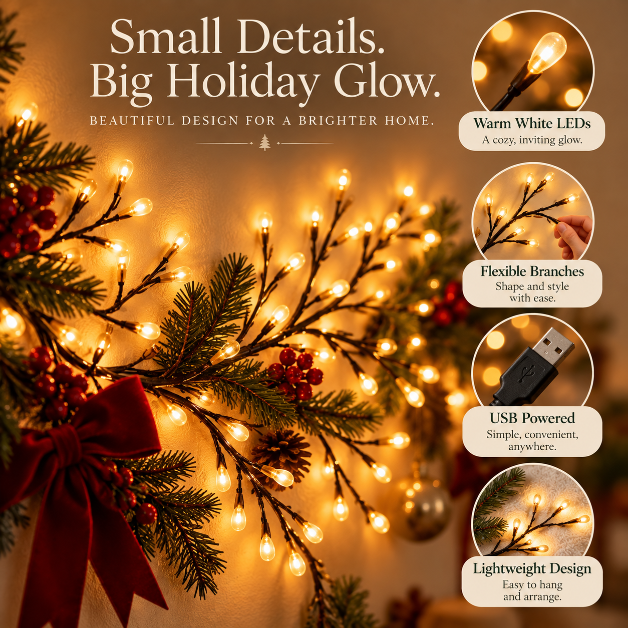 MerryPine flexible branch lights detail with warm white LEDs and USB power