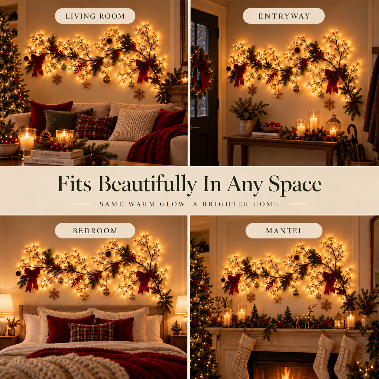 MerryPine Christmas willow vine lights used in living room entryway bedroom and mantel