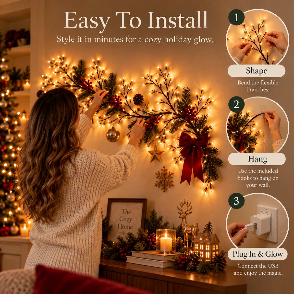MerryPine™ Christmas Willow Vine Lights – Flexible Warm White Wall Garland