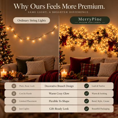 MerryPine™ Christmas Willow Vine Lights – Flexible Warm White Wall Garland