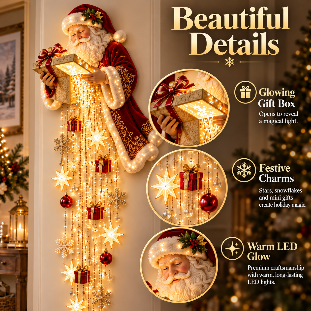 Close-up details of Santa gift box and Christmas hanging charms
