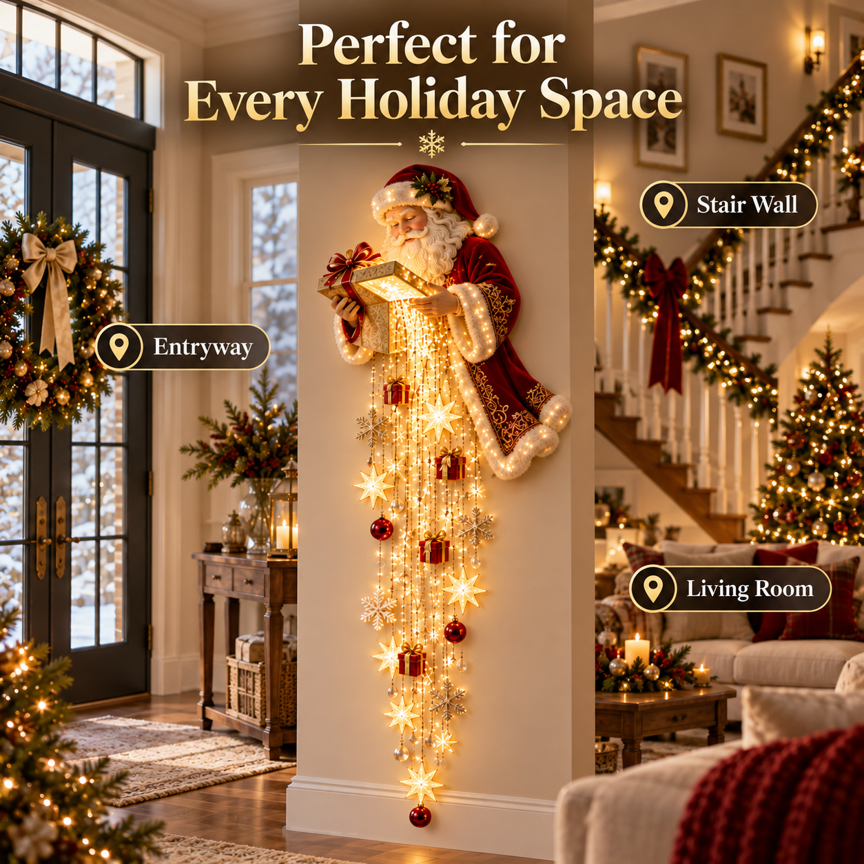Santa Starfall Christmas decoration in entryway stair wall and living room