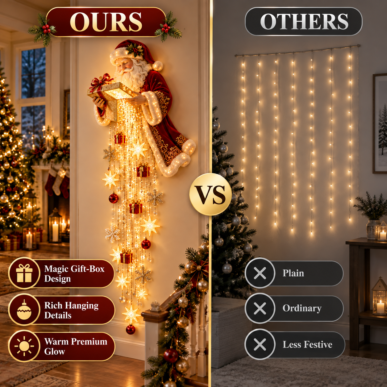 Santa Starfall Cascade compared with ordinary curtain Christmas lights