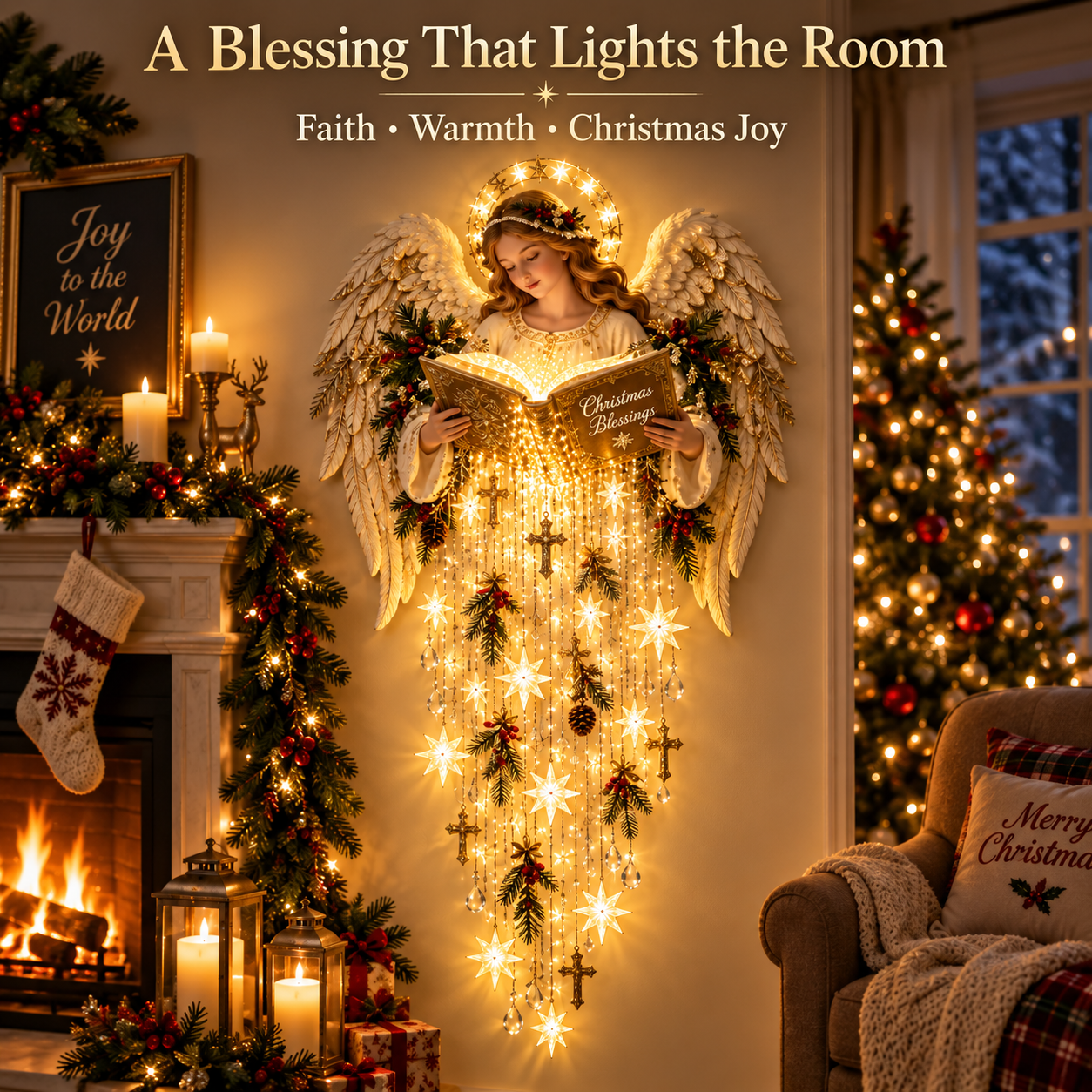 Christmas Blessing Angel Starfall Wall Light glowing at night