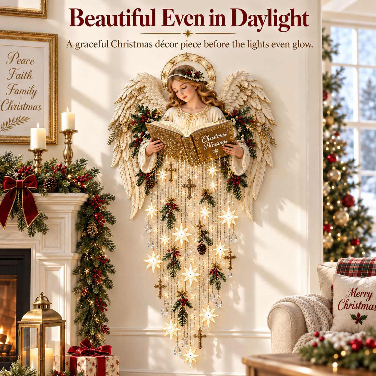 Christmas angel wall decoration displayed in daylight