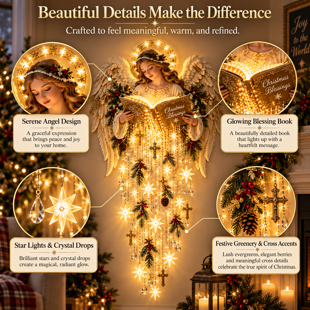 Detailed close-ups of Christmas Blessing Angel Starfall Wall Light