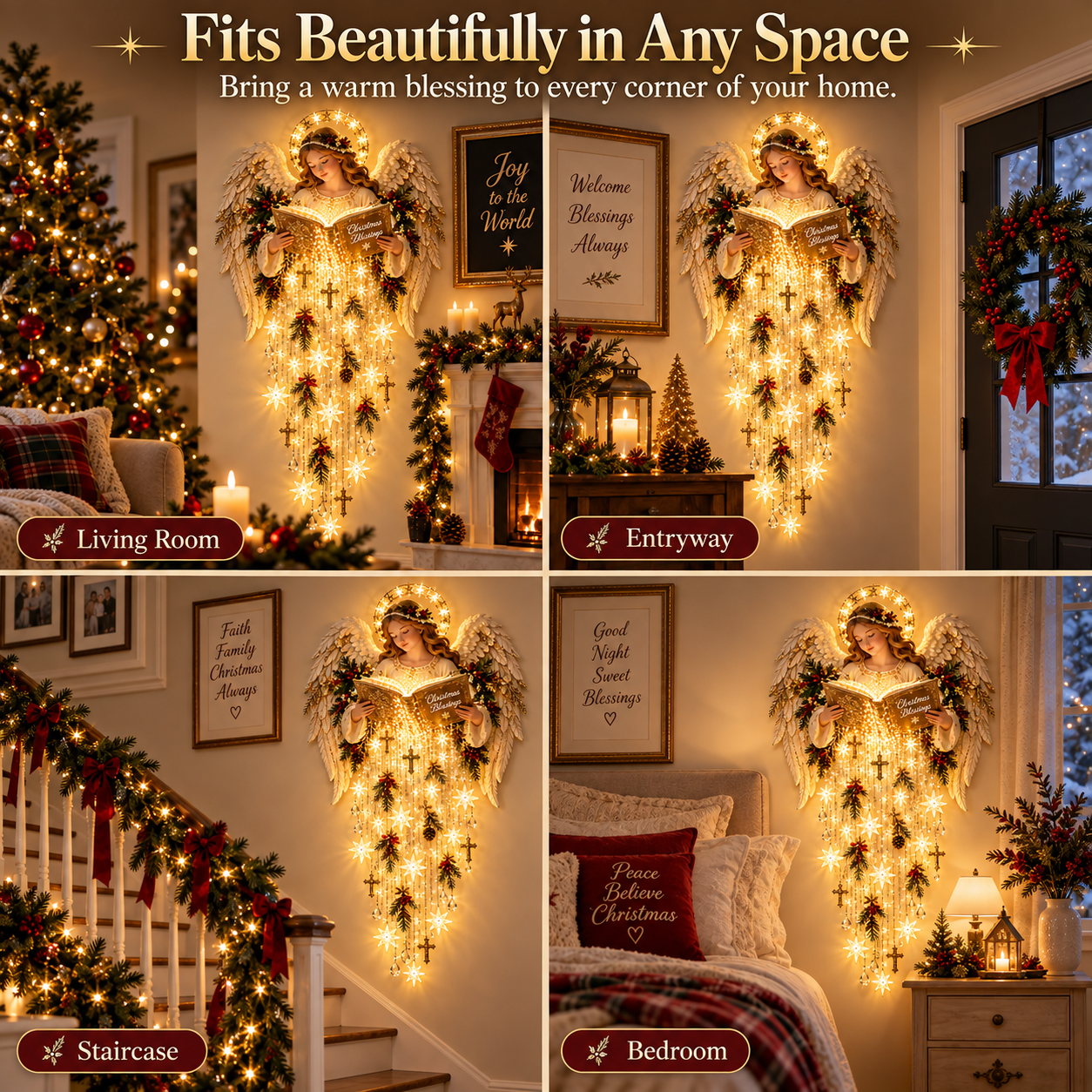 Christmas angel light shown in living room entryway staircase and bedroom