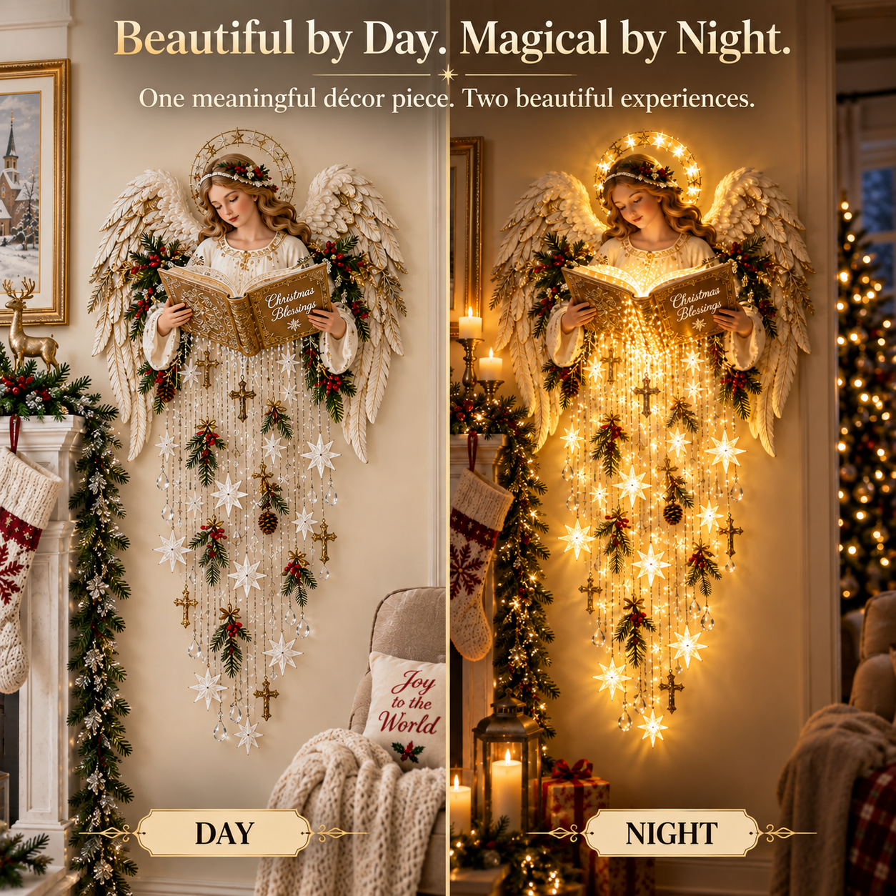 Day and night comparison of Christmas Blessing Angel Wall Light