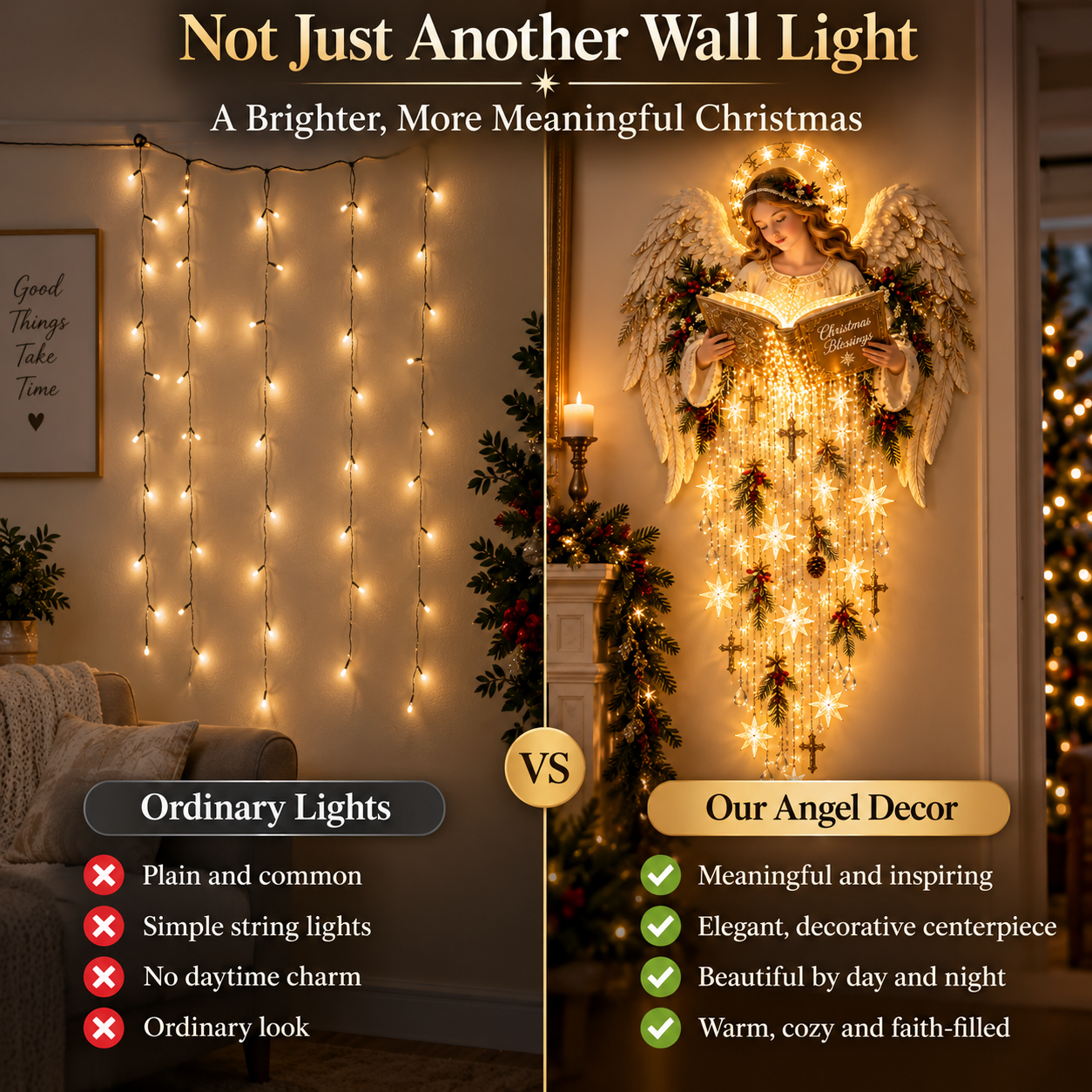 Christmas Blessing Angel wall decoration compared with ordinary string lights