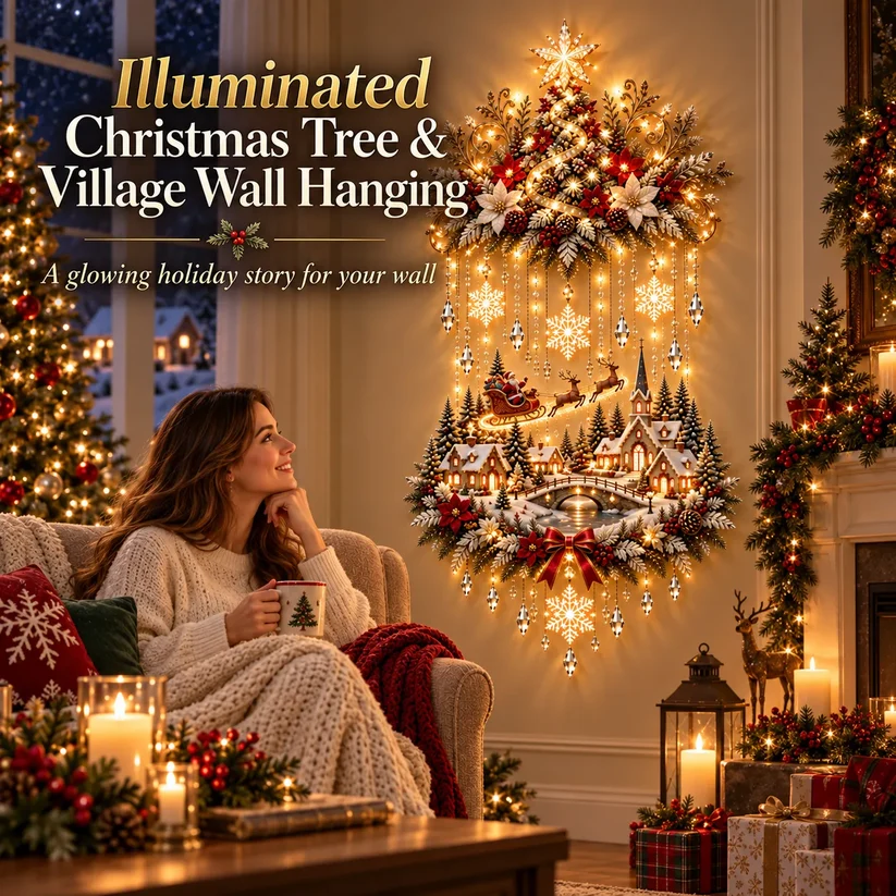 🎄 Illuminated Christmas Tree & Village Wall Hanging  ✈️