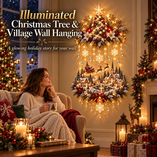 🎄 Illuminated Christmas Tree & Village Wall Hanging  ✈️