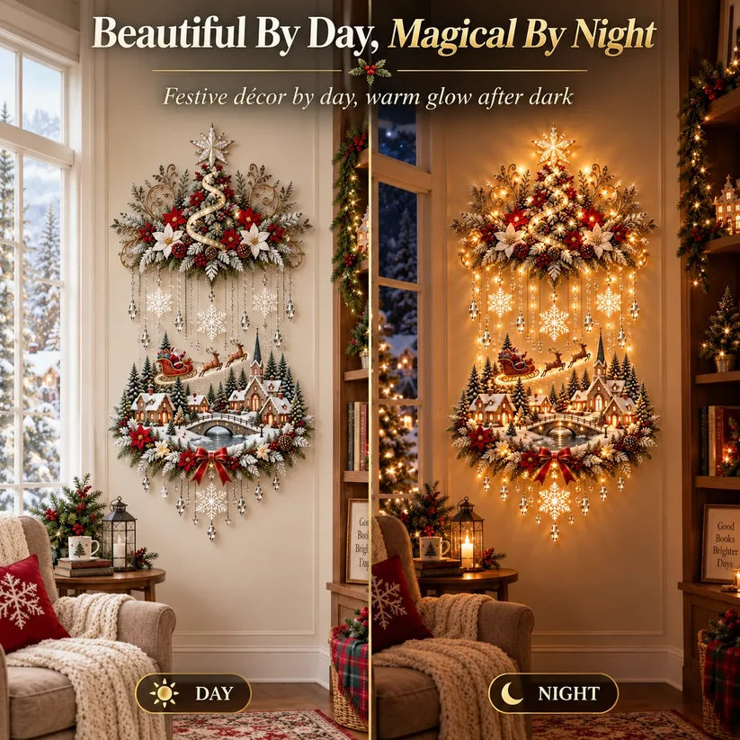 🎄 Illuminated Christmas Tree & Village Wall Hanging  ✈️
