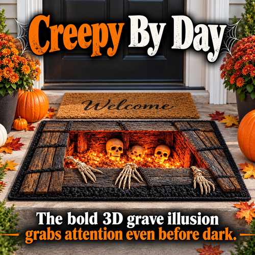 💀 LAST DAY 50% OFF –Haunted Grave Trap™ – Creepy 3D Illusion Halloween Doormat 🎃