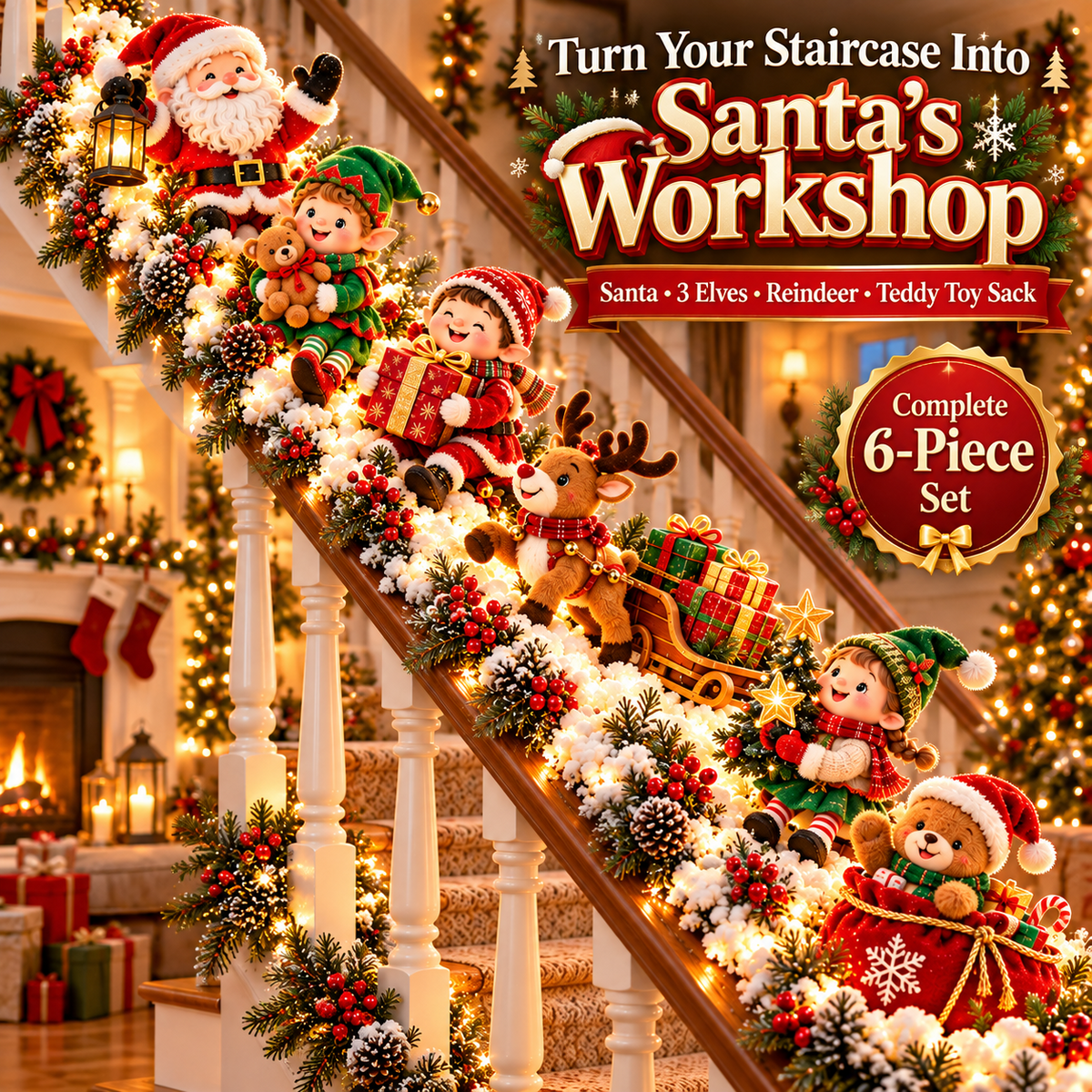 Santa's Staircase Workshop Lighted 6 Piece Christmas Stair Railing Decor