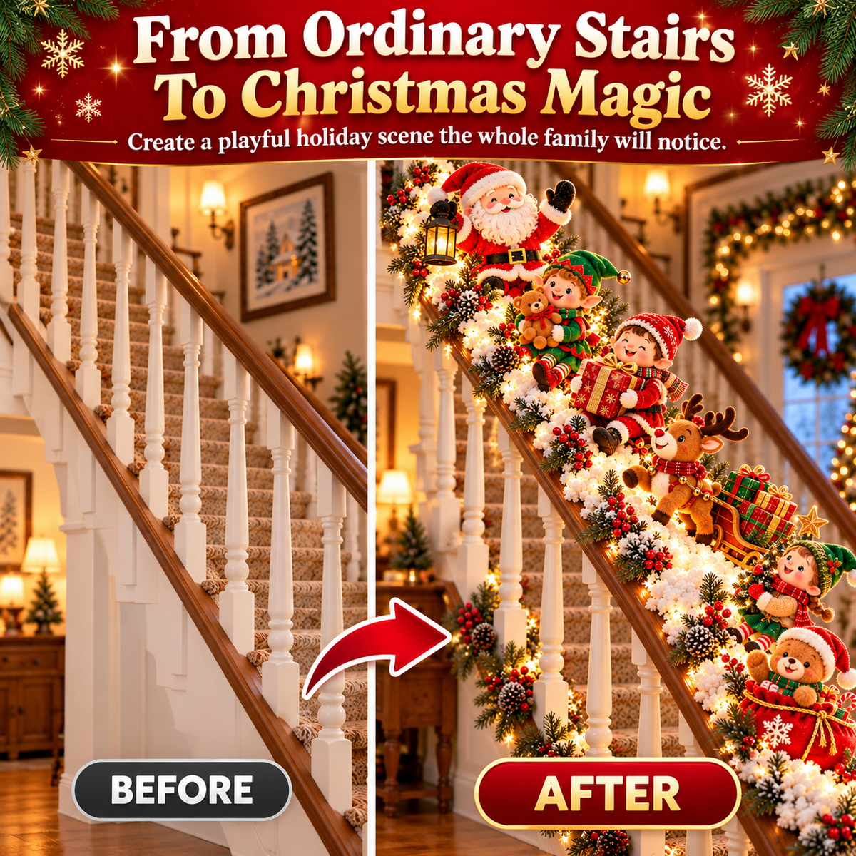 Santa Staircase Workshop before and after Christmas transformation