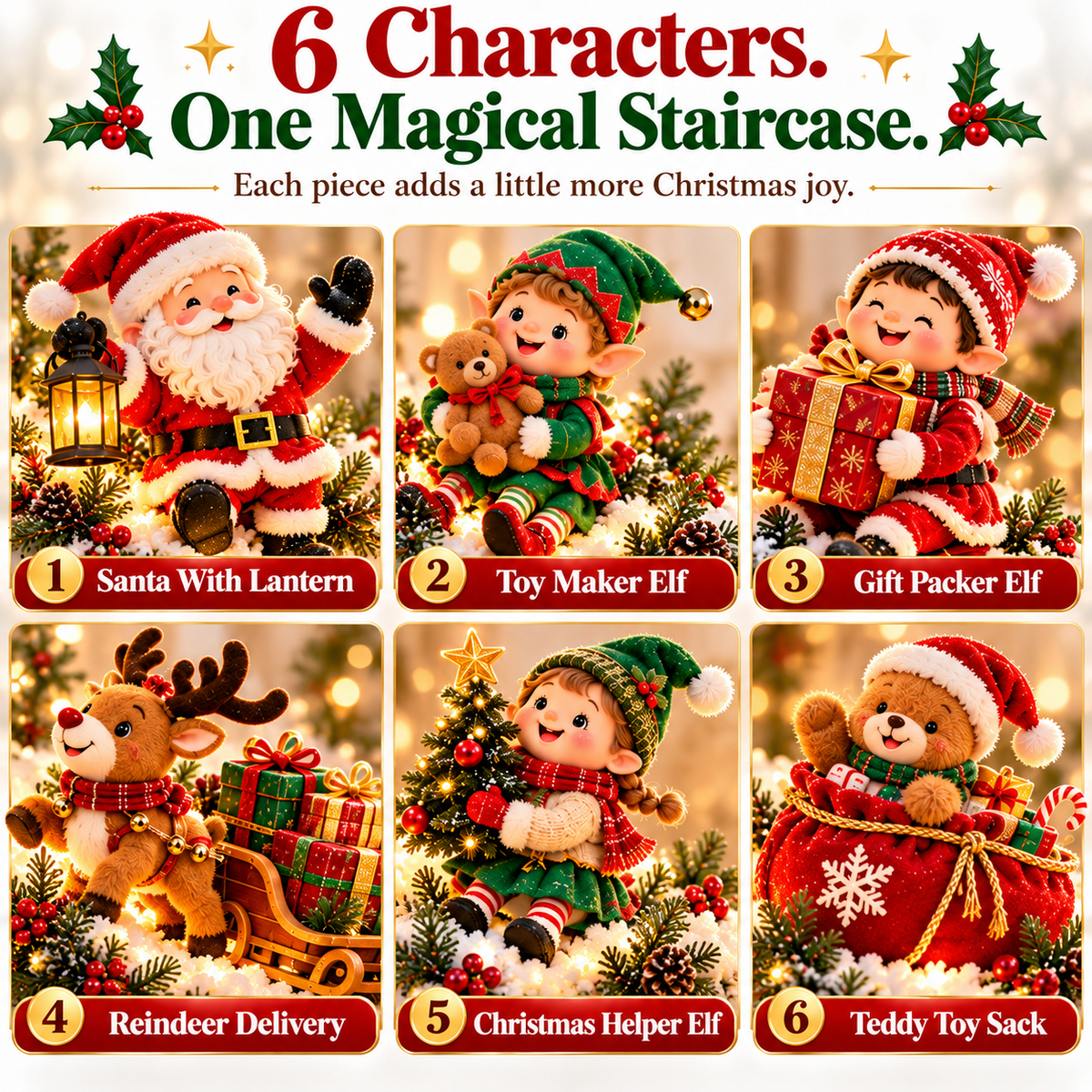 Six Santa Workshop Christmas staircase characters