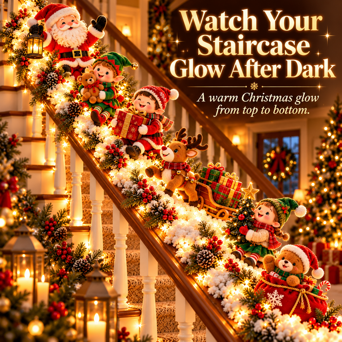 Santa Staircase Workshop warm Christmas night glow