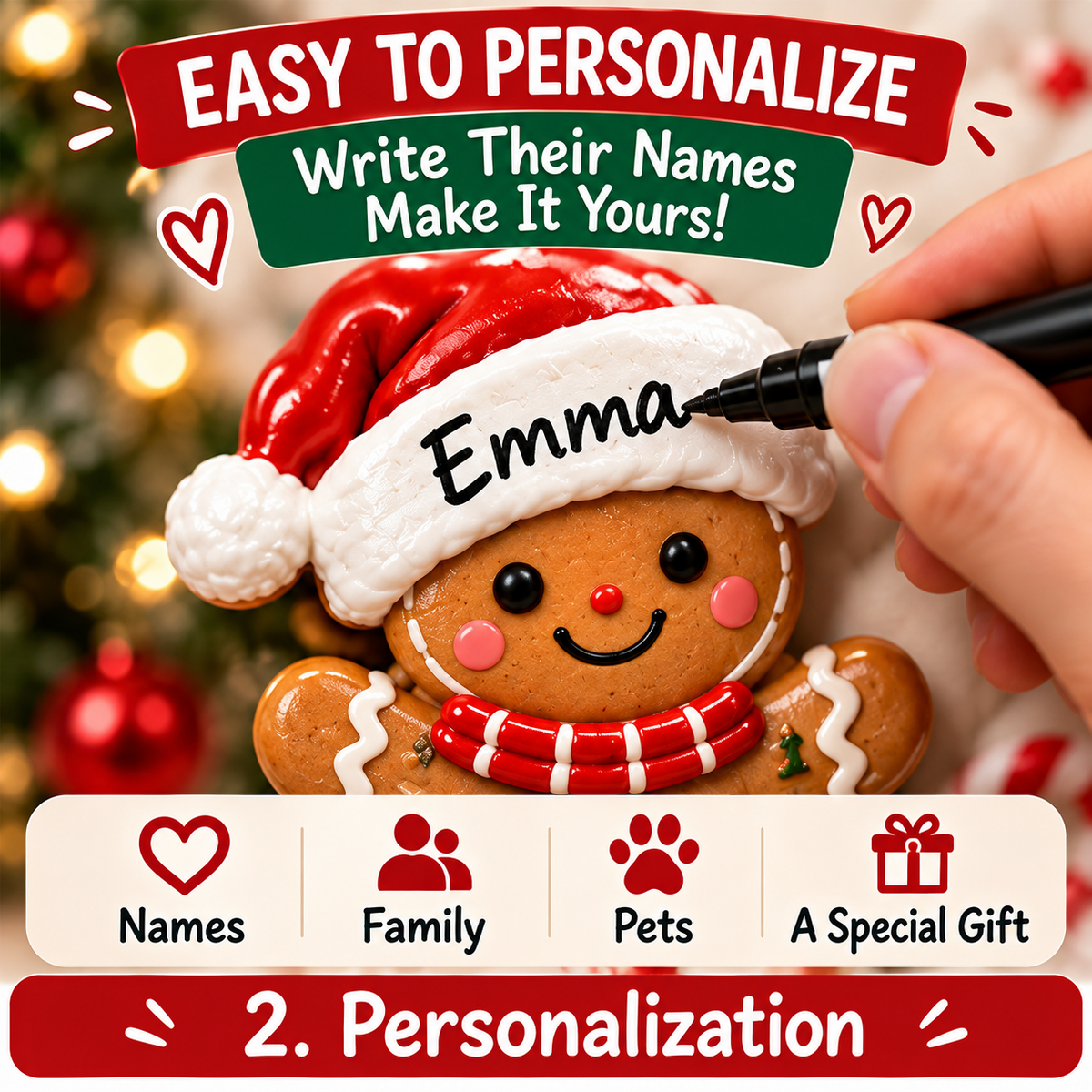 Write family names on personalized gingerbread Christmas magnet