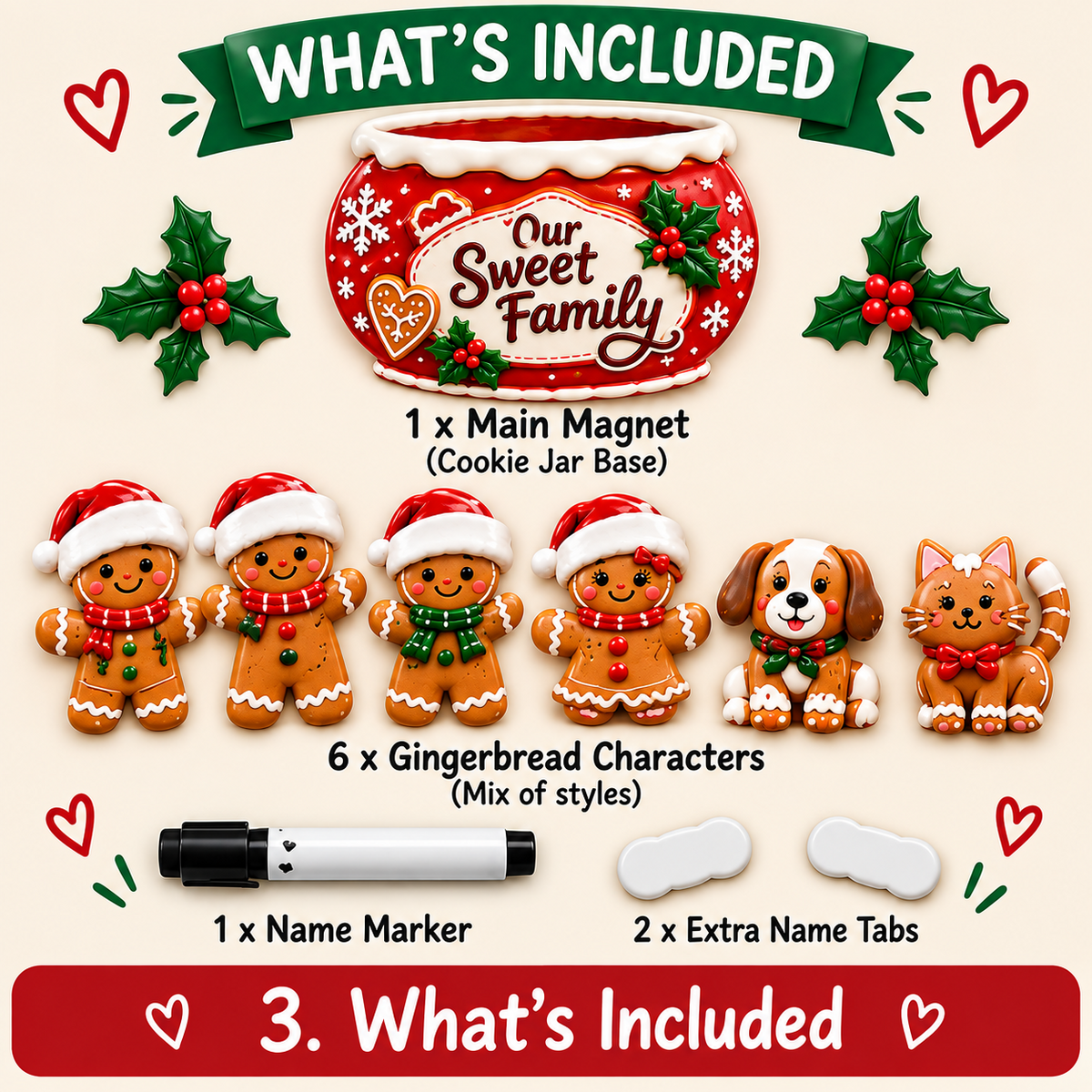 Personalized gingerbread family fridge magnet set contents