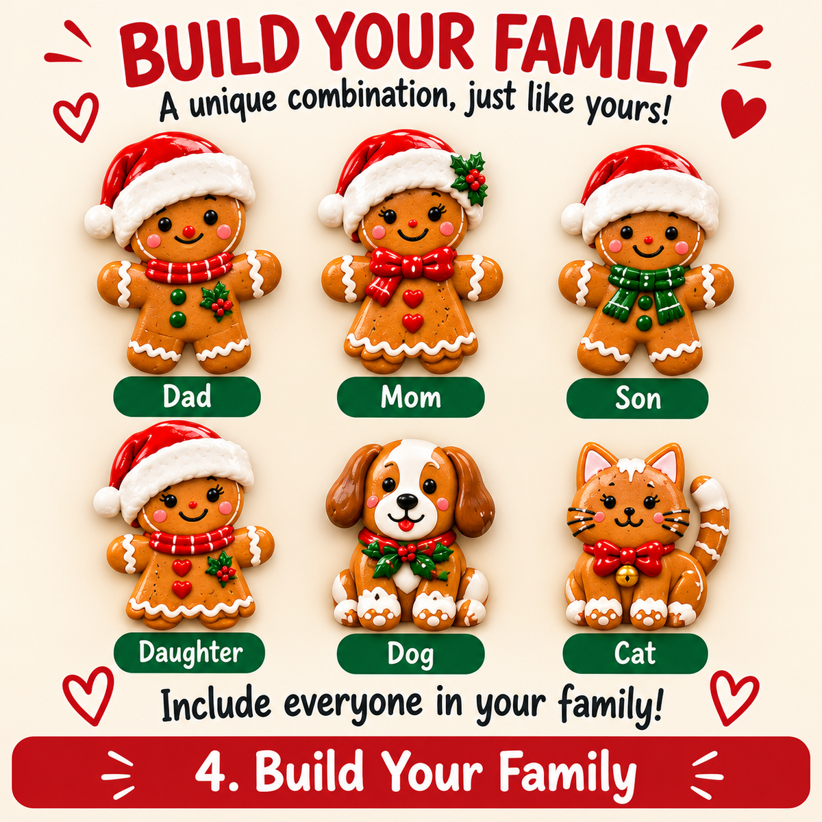 Build your personalized gingerbread family with people dog and cat