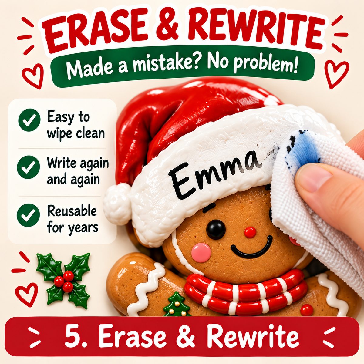 Erase and rewrite personalized Christmas gingerbread character name