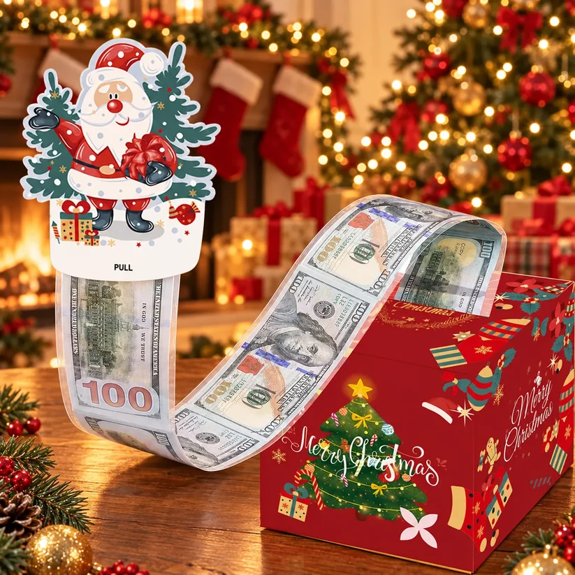 💵🎄 Christmas Money Pull Surprise Box 50 Fillable Pockets For Cash, Treats, Notes & More 🎁