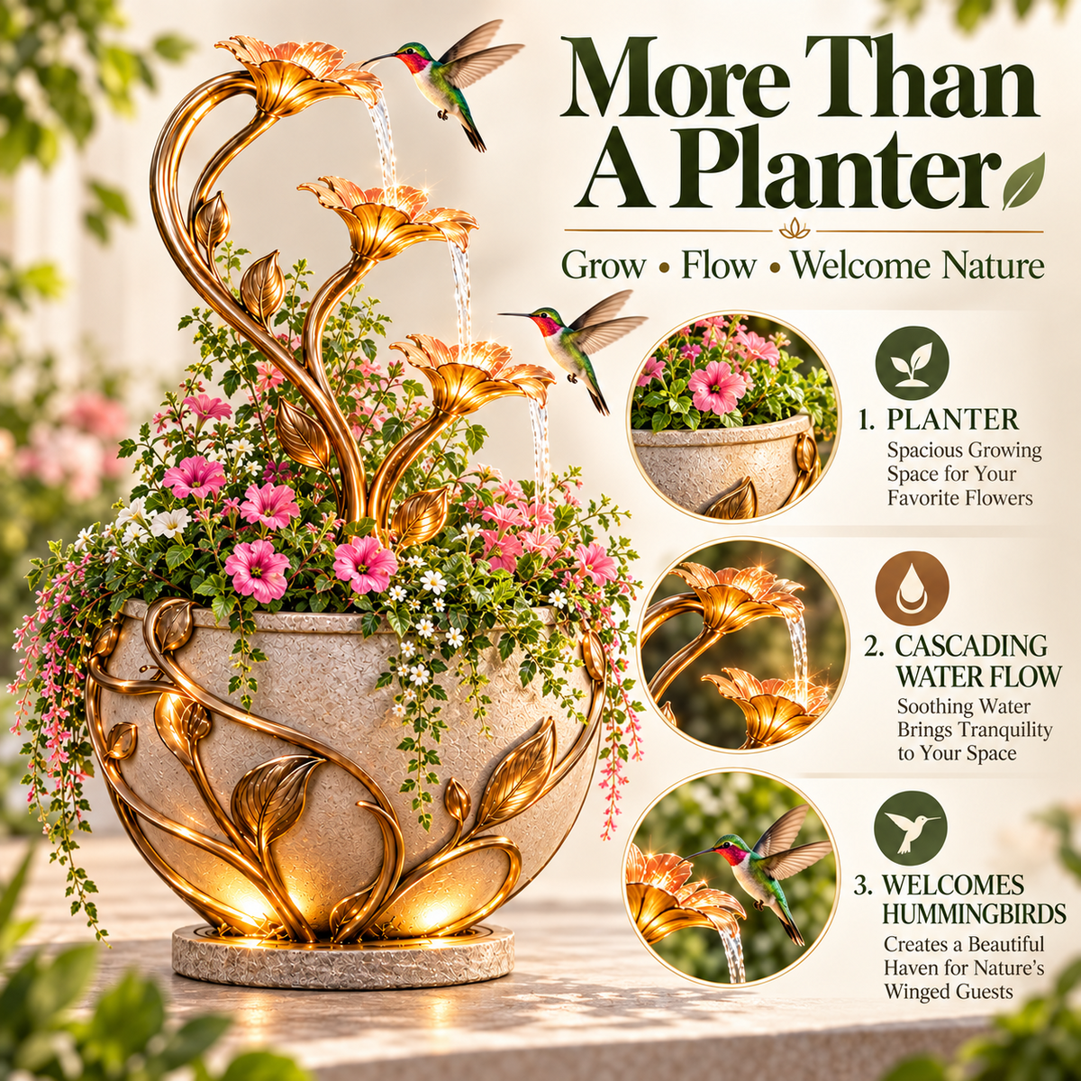 🌺 Golden Lily Cascade Planter ✨– 3-in-1 Lighted Waterfall Flower Pot