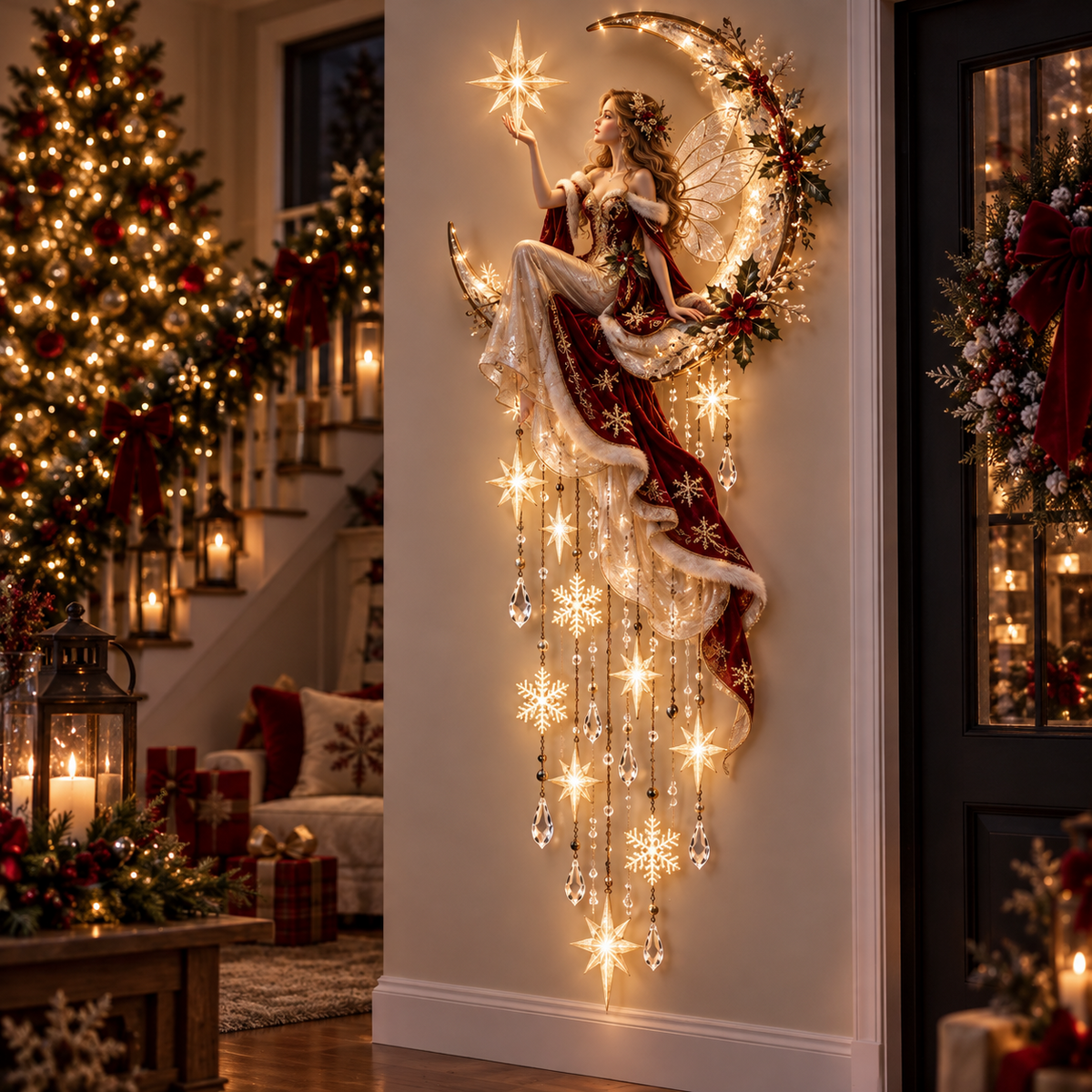 🦋 Enchanted Butterfly Moon™🌙 – Magical Fairy Starfall Wall Light with Cascading Crystal Glow