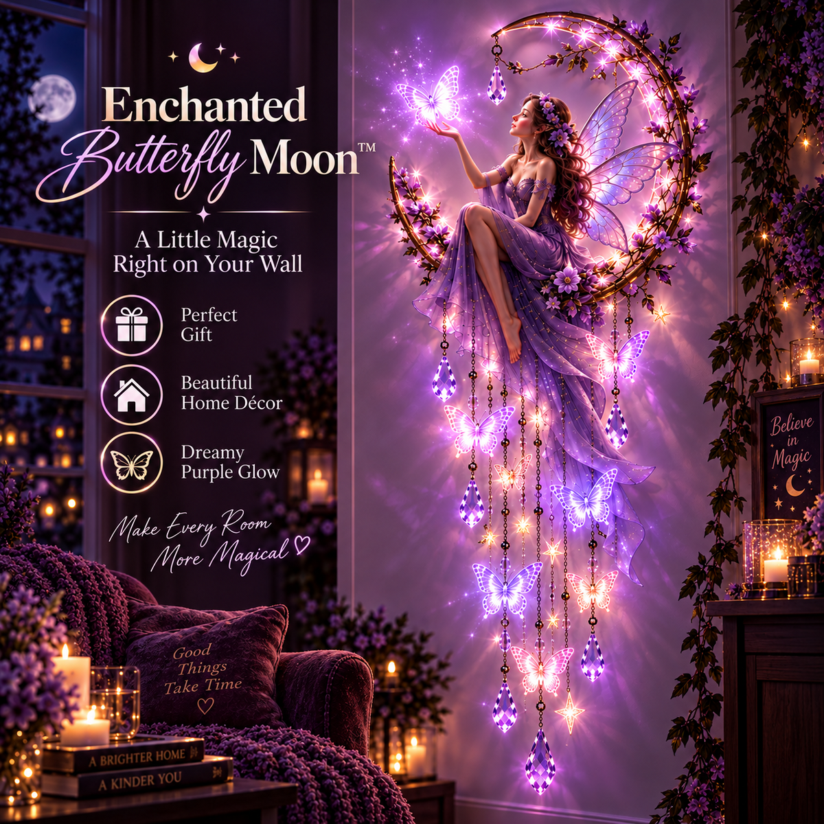 🦋 Enchanted Butterfly Moon™🌙 – Magical Fairy Starfall Wall Light with Cascading Crystal Glow