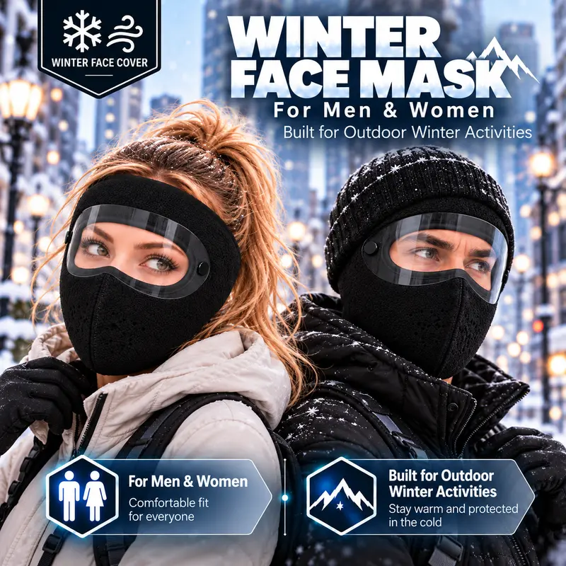Woman and man wearing fleece face masks with clear goggles in a winter setting