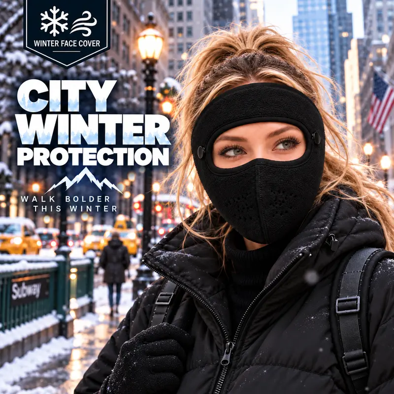 Femme portant le masque facial en polaire pour l’hiver sans les lunettes, dans une rue enneigée